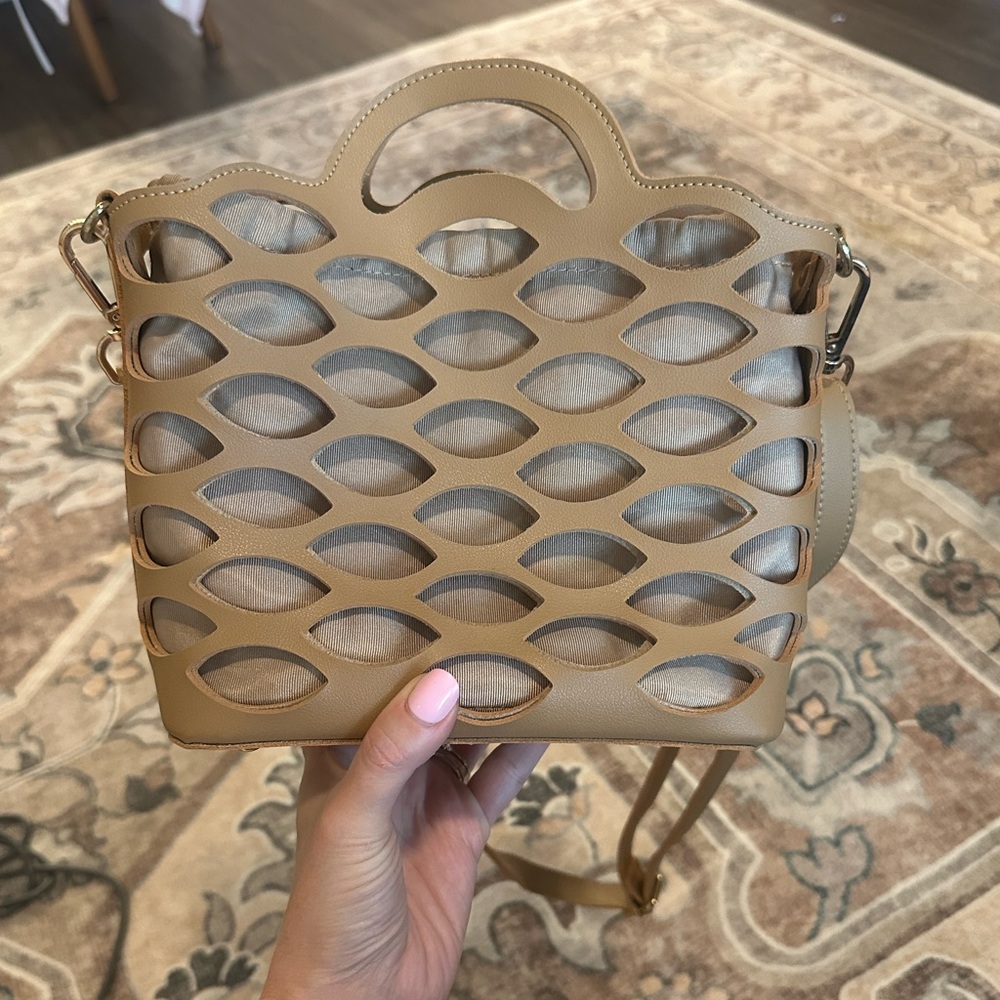Joy Susan Tan Cutout Tote Bag with Inner Pouch